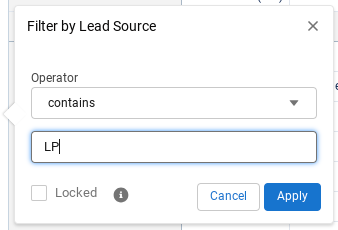 Filter by Lead Source - Contains - LP