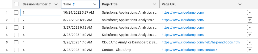 Salesforce Visitor Sessions list with Web Pages Shown and Session Numbers
